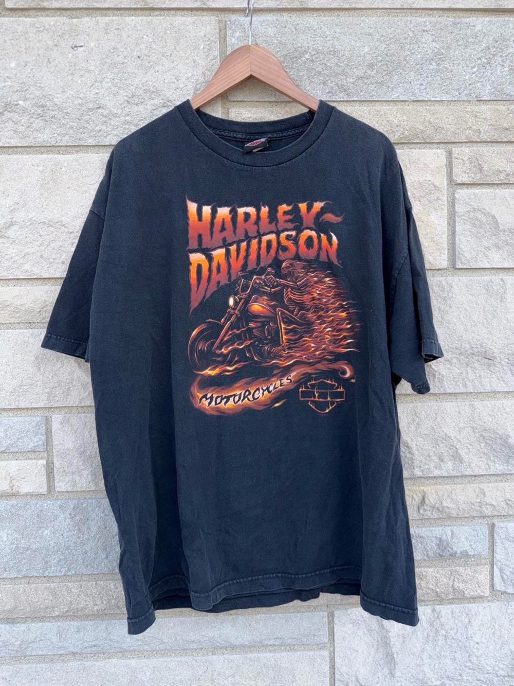 Men’s Y2K Harley Davidson flame ghost rider skeleton shirt size 2XL rare